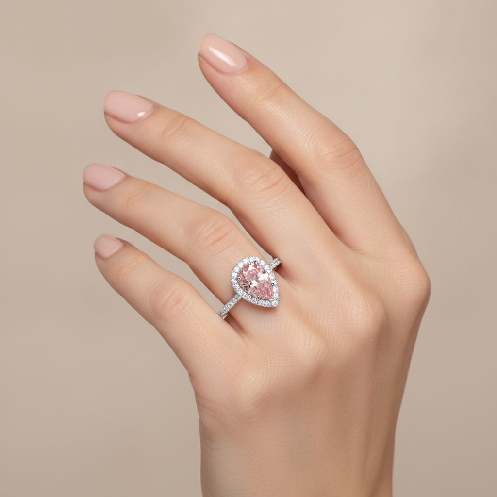 Pink Diamond Engagement Ring 3.5 Carat Lab Grown Pear Halo 14K White Gold