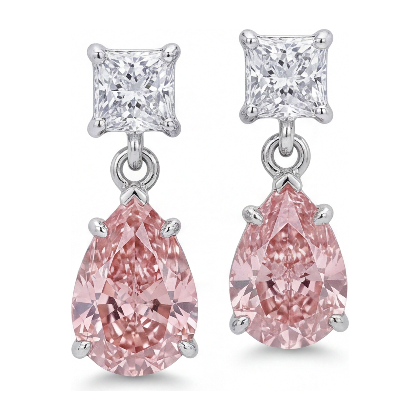 Pink Diamond Earrings 3.5 Carat Lab Grown Pear Solitaire 14K White Gold