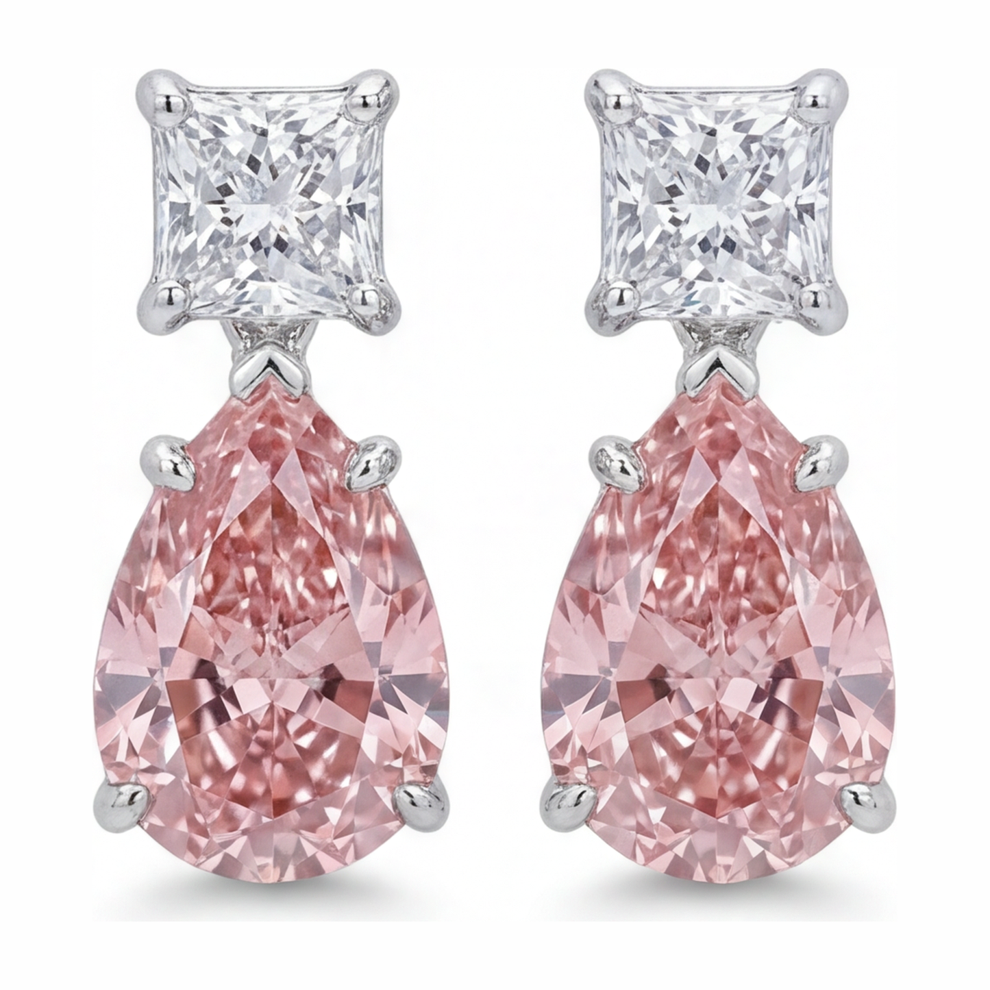 Pink Diamond Earrings 3.5 Carat Lab Grown Pear Solitaire 14K White Gold