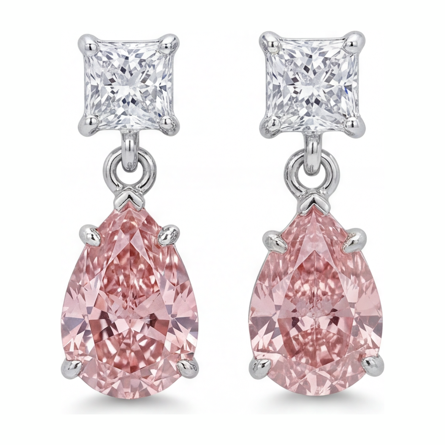 Pink Diamond Earrings 3.5 Carat Lab Grown Pear Solitaire 14K White Gold