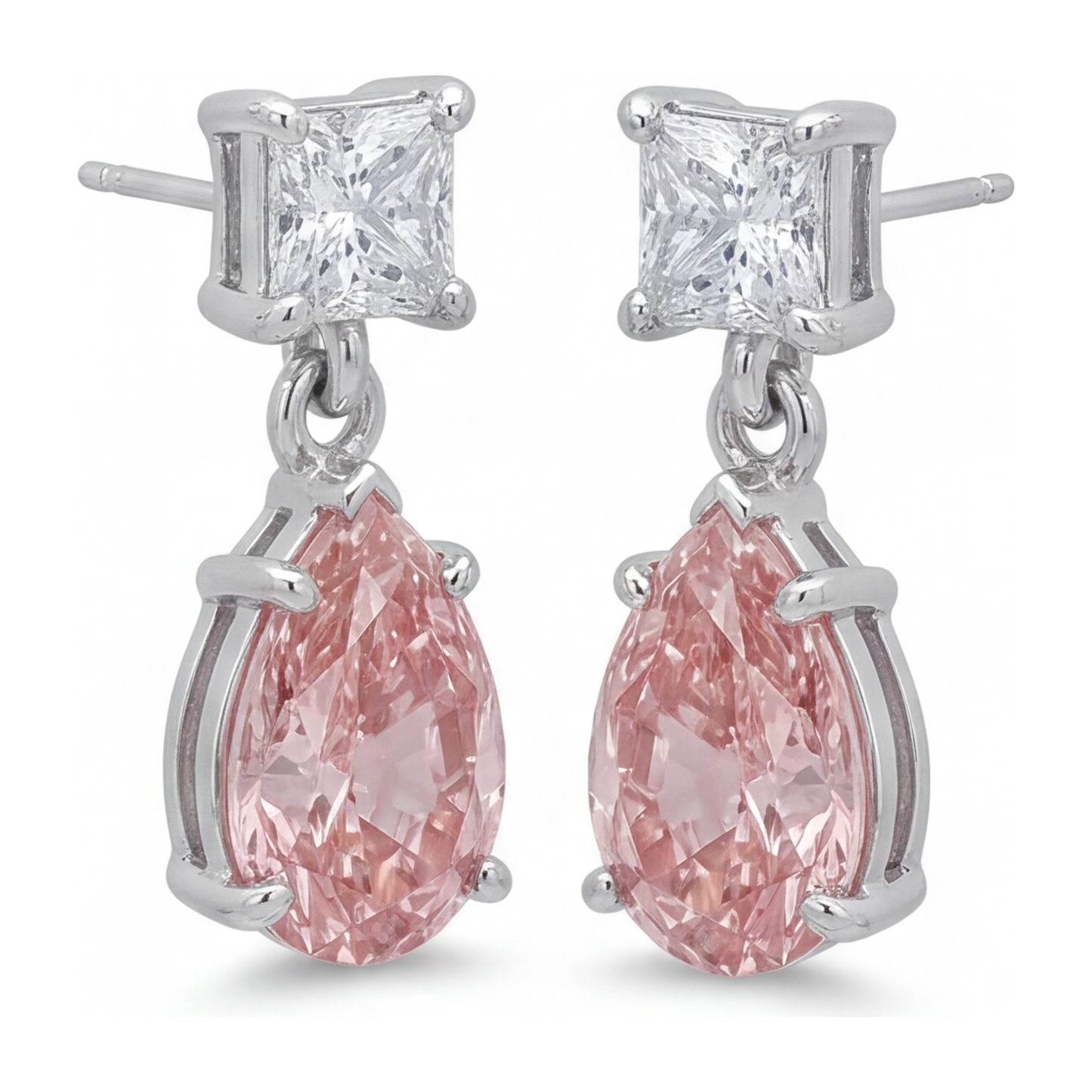 Pink Diamond Earrings 3.5 Carat Lab Grown Pear Solitaire 14K White Gold