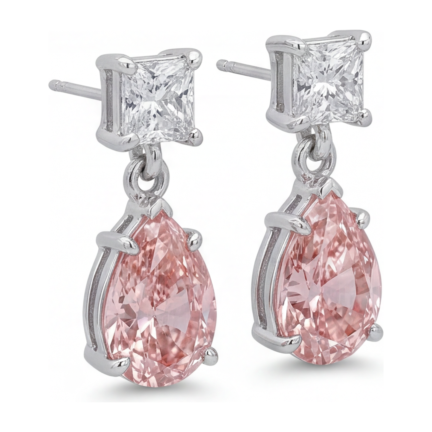 Pink Diamond Earrings 3.5 Carat Lab Grown Pear Solitaire 14K White Gold