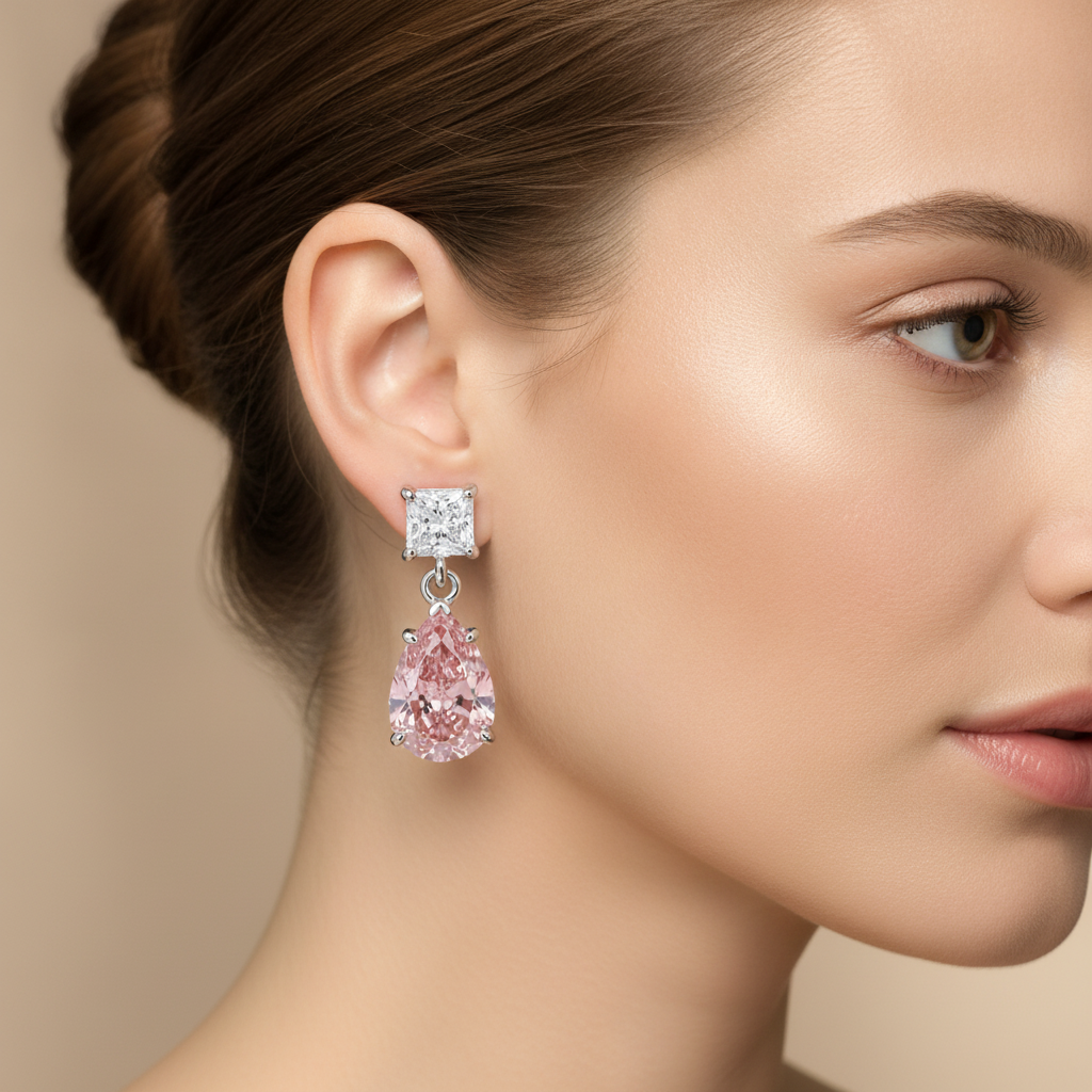 Pink Diamond Earrings 3.5 Carat Lab Grown Pear Solitaire 14K White Gold