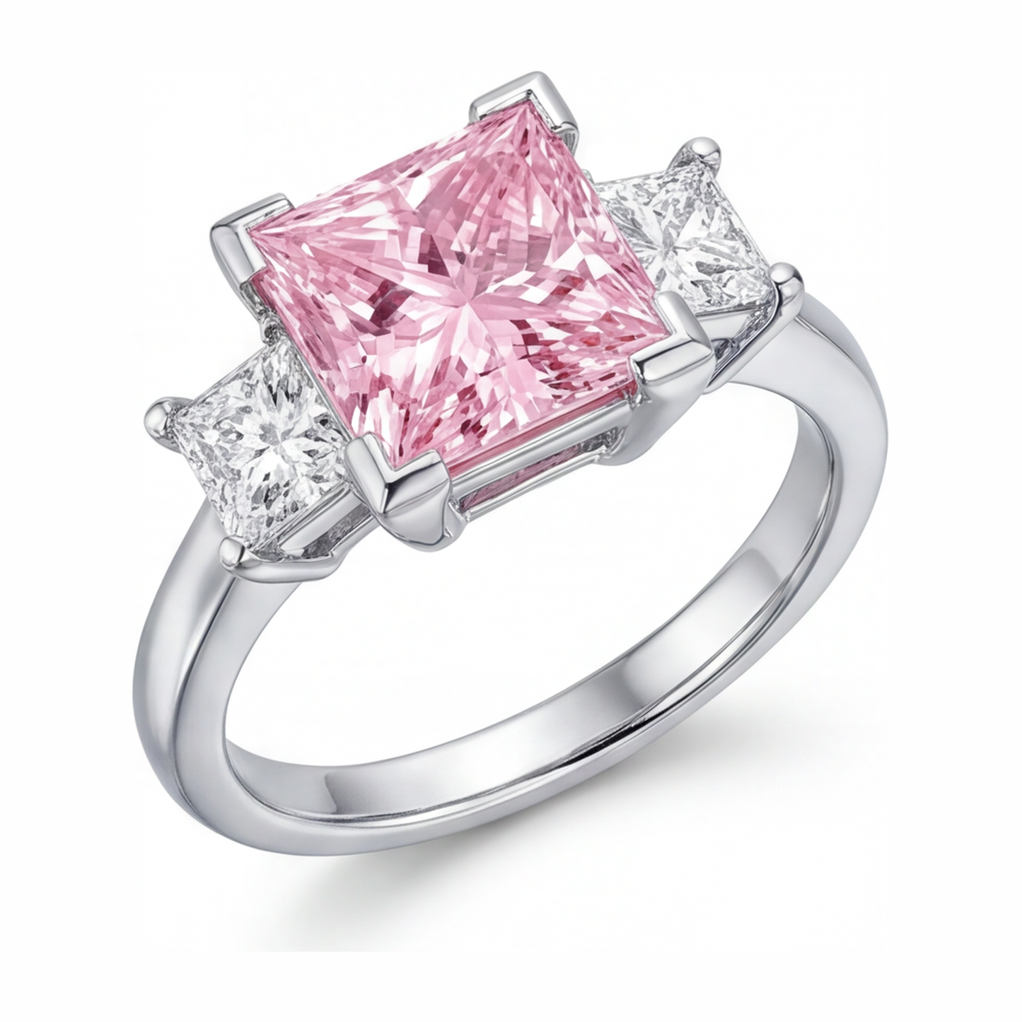 Pink Diamond Ring 3.5 Carat Lab Grown Princess Three Stone 14K White Gold