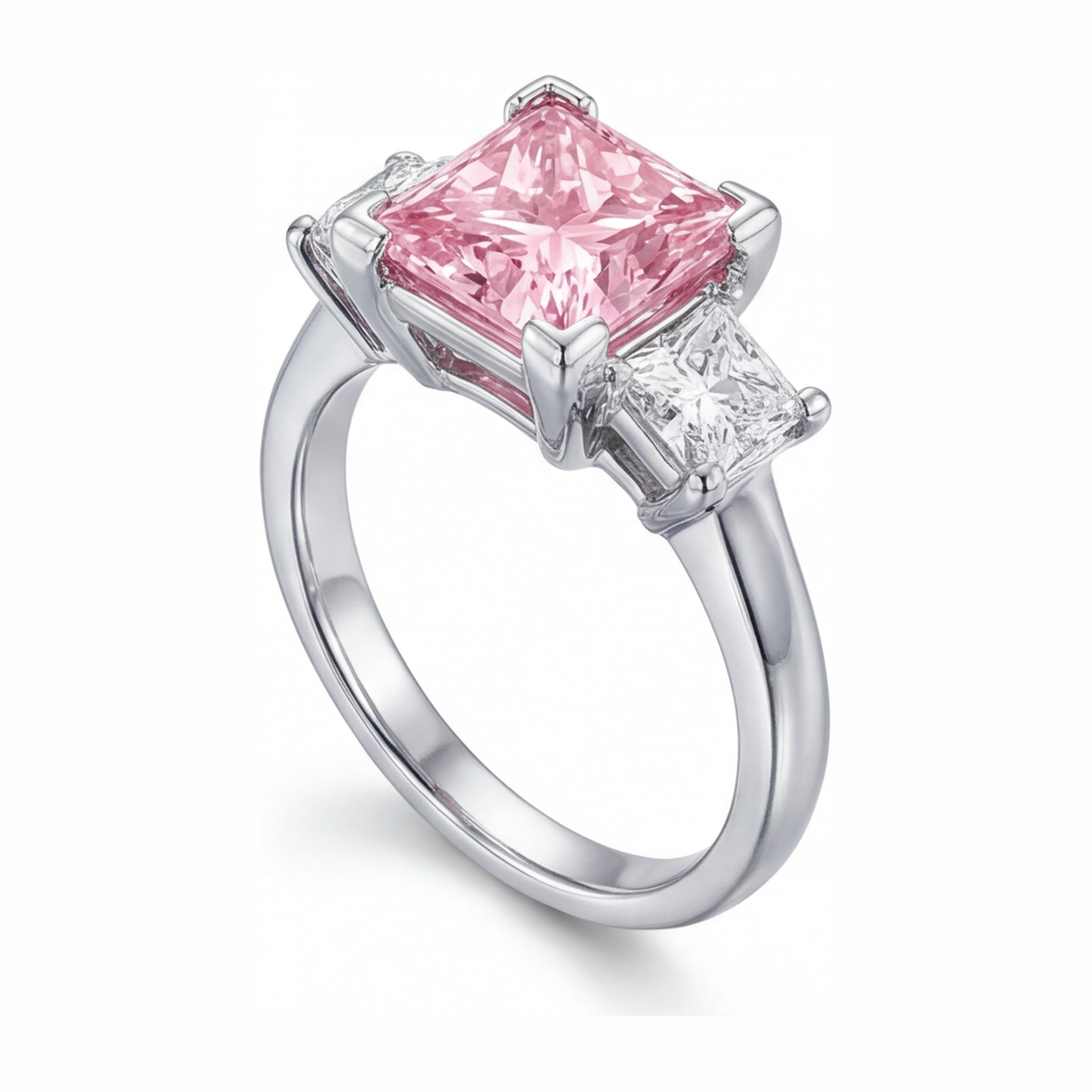 Pink Diamond Ring 3.5 Carat Lab Grown Princess Three Stone 14K White Gold