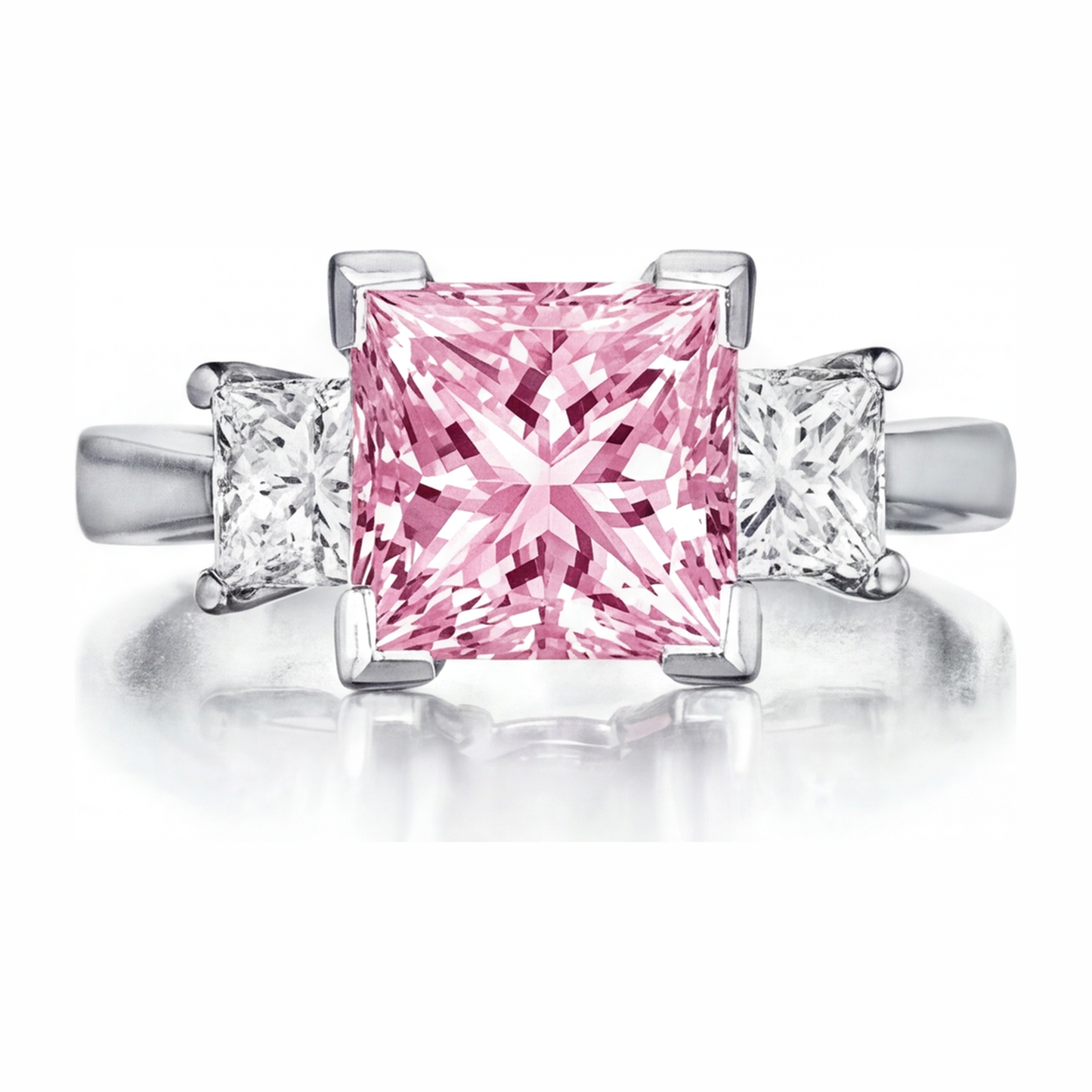 Pink Diamond Ring 3.5 Carat Lab Grown Princess Three Stone 14K White Gold
