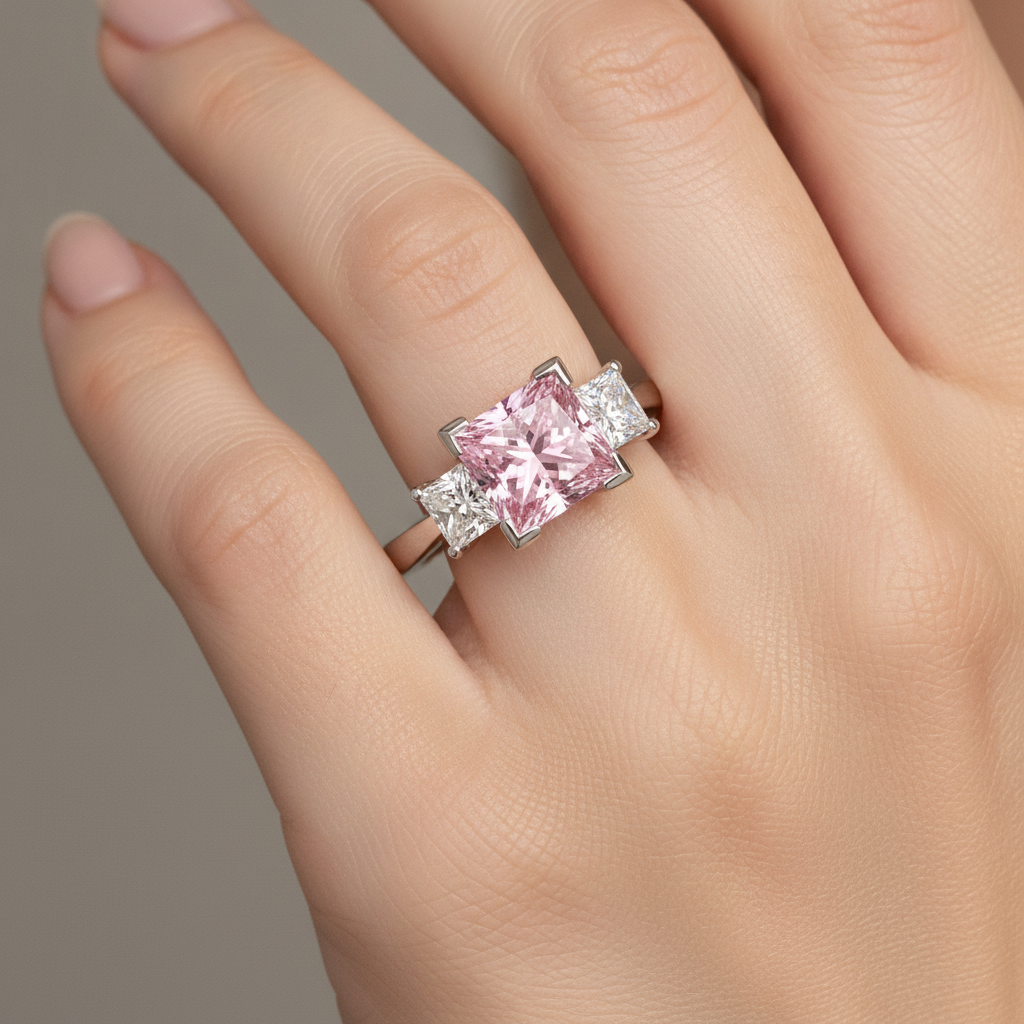 Pink Diamond Ring 3.5 Carat Lab Grown Princess Three Stone 14K White Gold