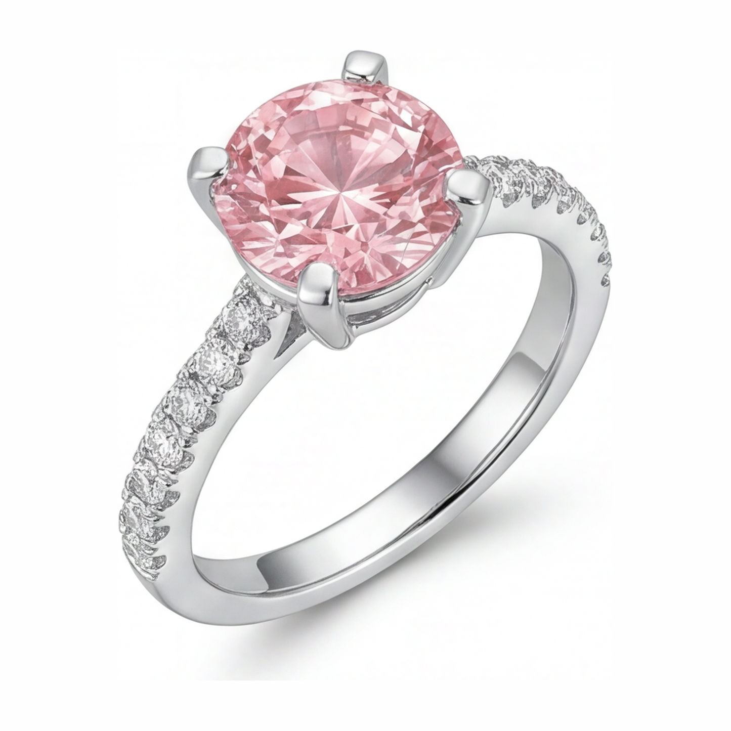 Pink Diamond Engagement Ring 3.5 Carat Lab Grown Round Pave Cathedral 14K White Gold