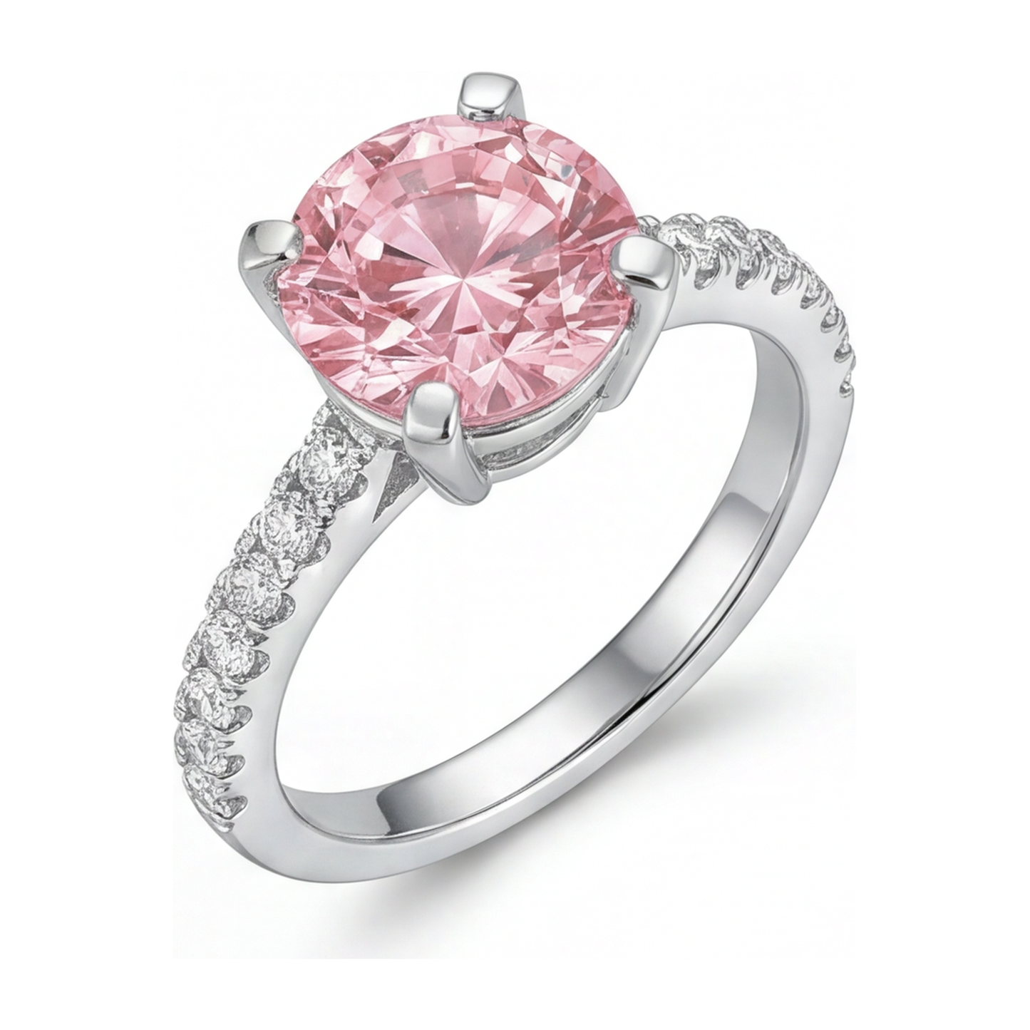 Pink Diamond Engagement Ring 3.5 Carat Lab Grown Round Pave Cathedral 14K White Gold
