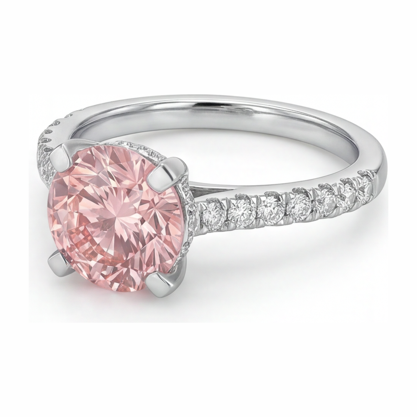 Pink Diamond Ring 3.5 Carat Lab Grown Round Pave 14K White Gold