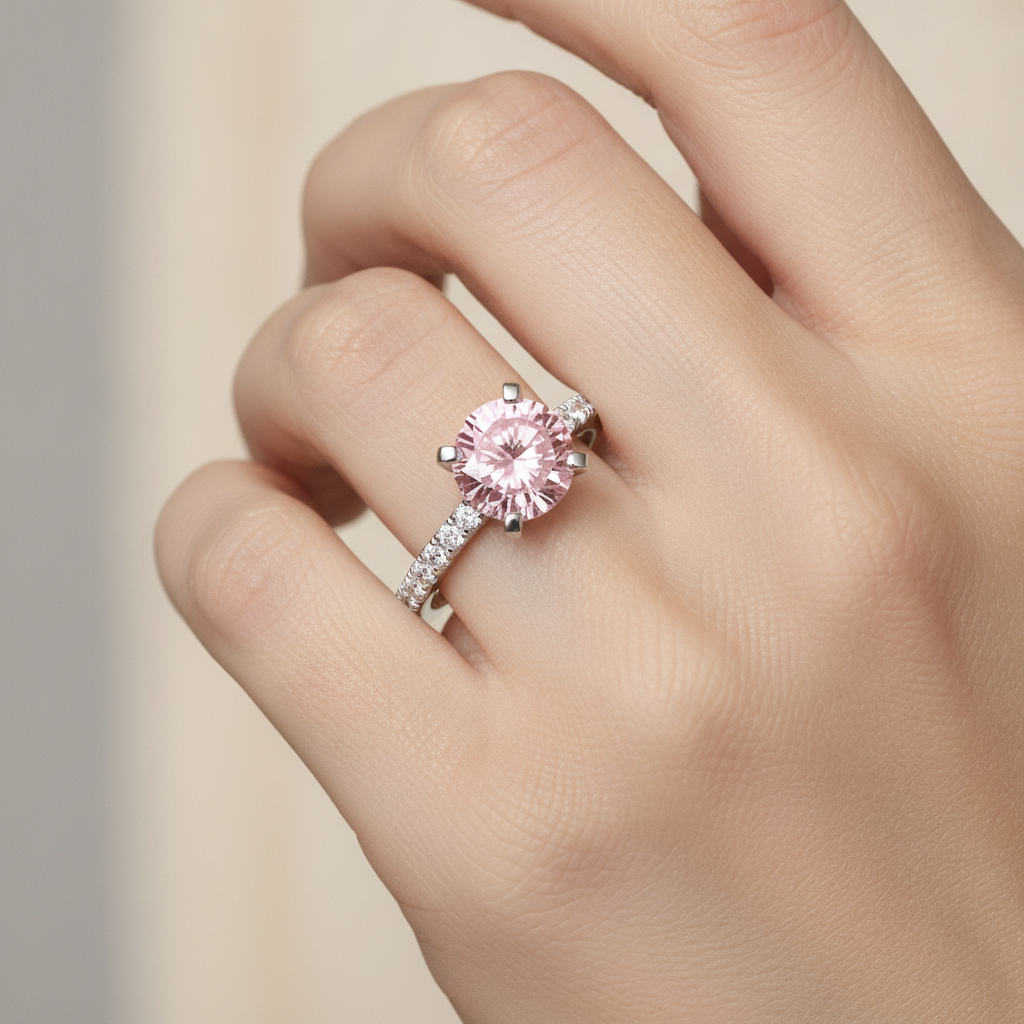 Pink Diamond Engagement Ring 3.5 Carat Lab Grown Round Pave Cathedral 14K White Gold