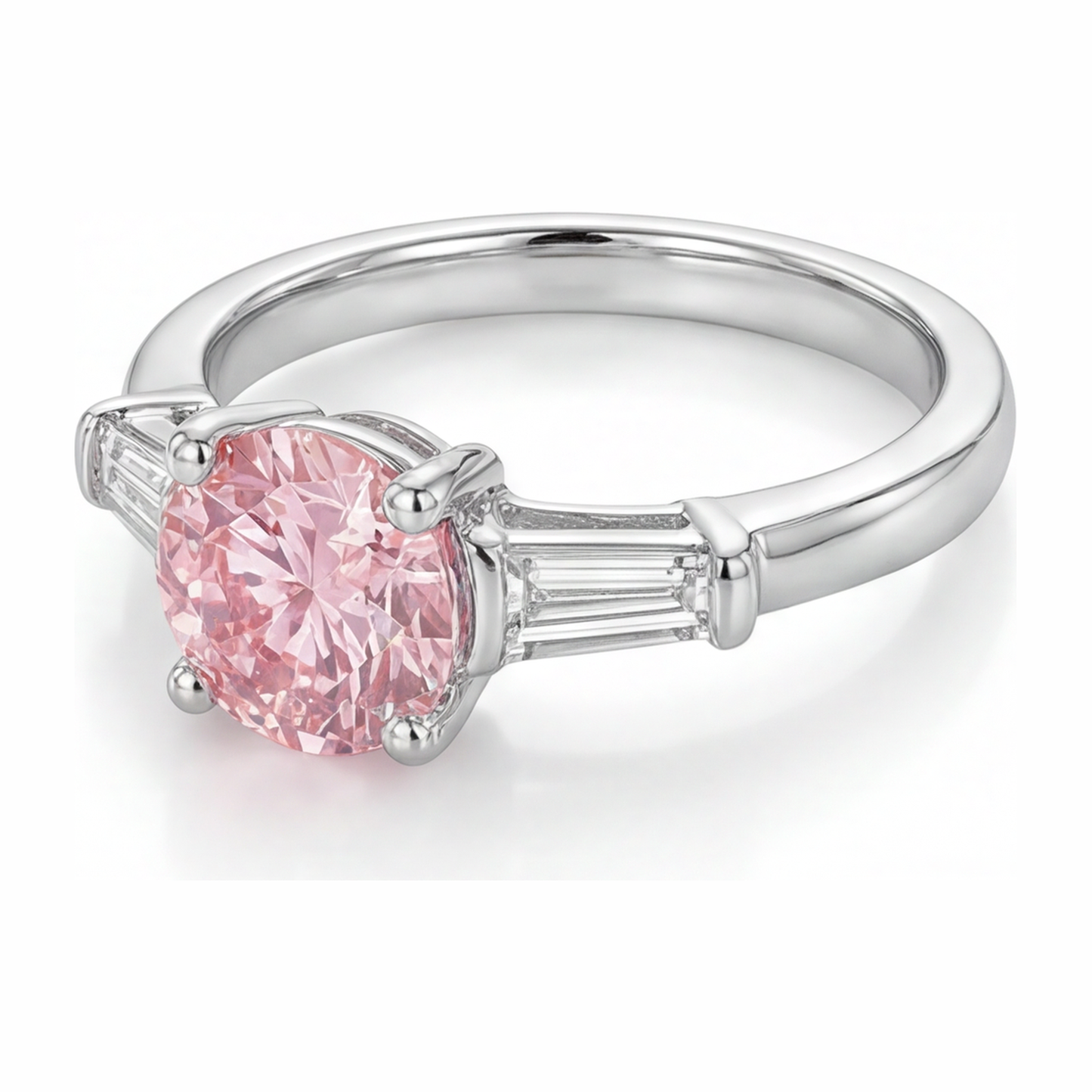 Pink Diamond Ring 3.5 Carat Lab Grown Round Three Stone 14K White Gold