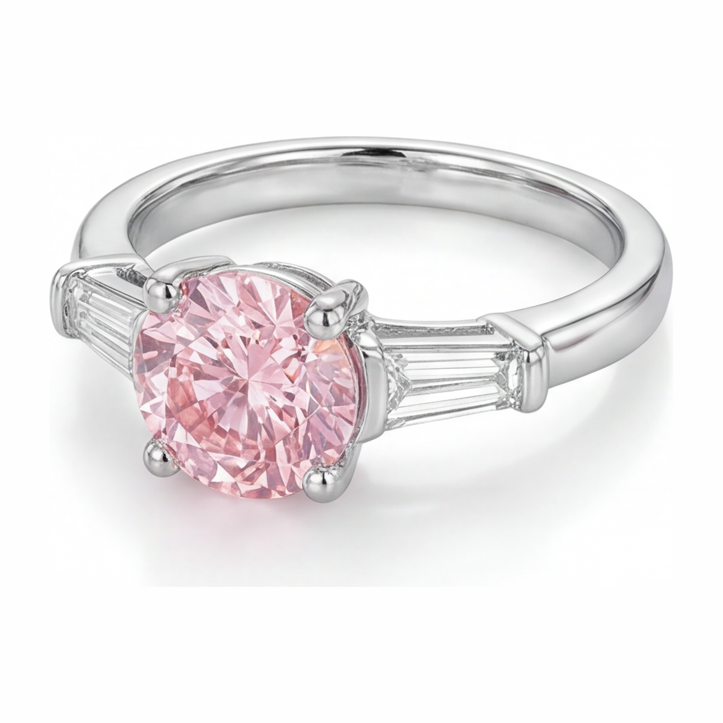 Pink Diamond Ring 3.5 Carat Lab Grown Round Three Stone 14K White Gold