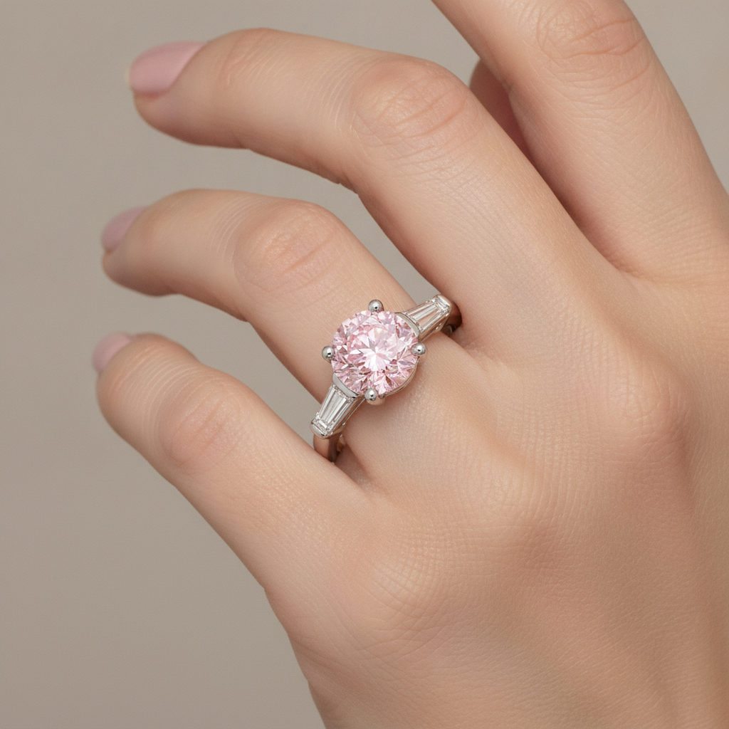 Pink Diamond Ring 3.5 Carat Lab Grown Round Three Stone 14K White Gold