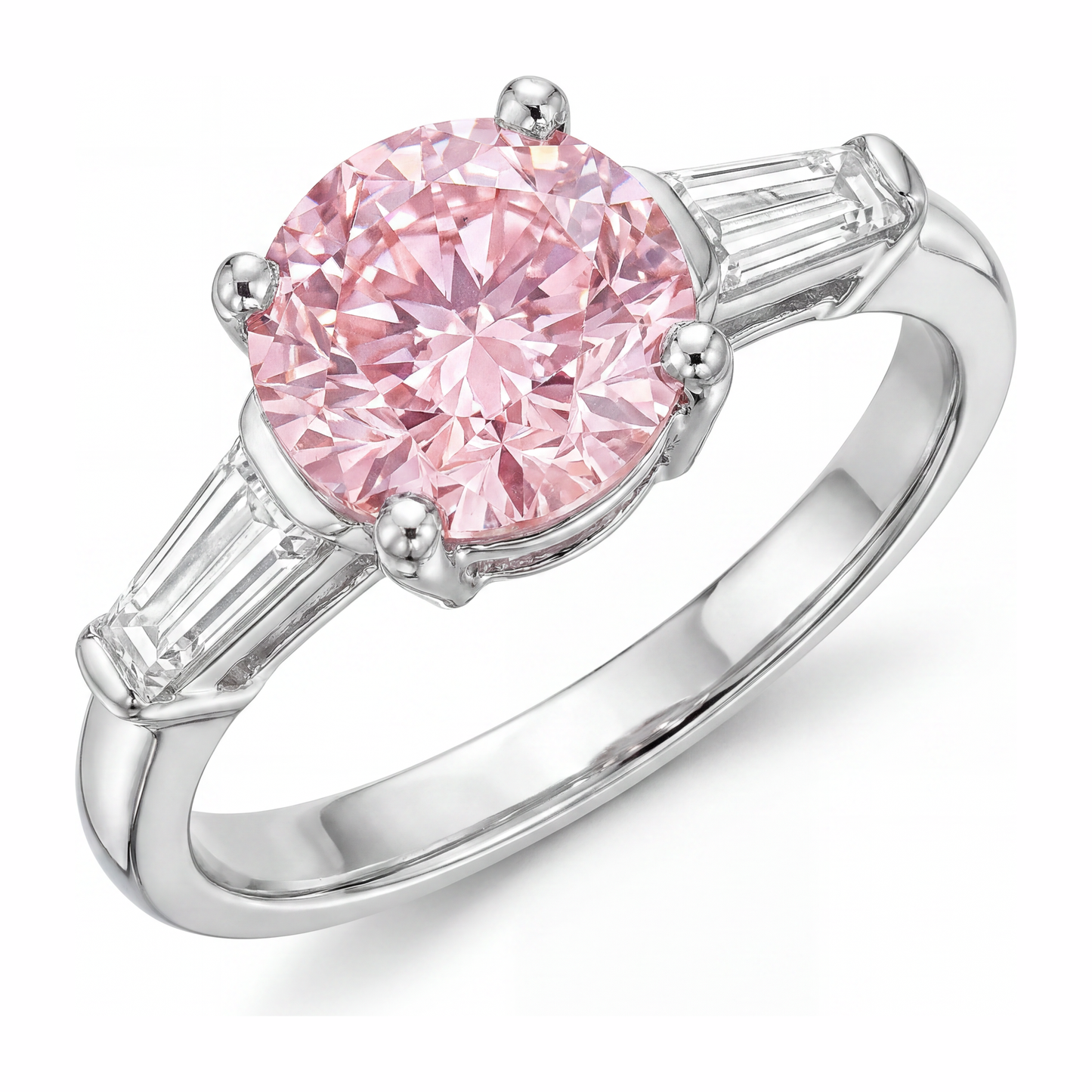 Pink Diamond Ring 3.5 Carat Lab Grown Round Three Stone 14K White Gold