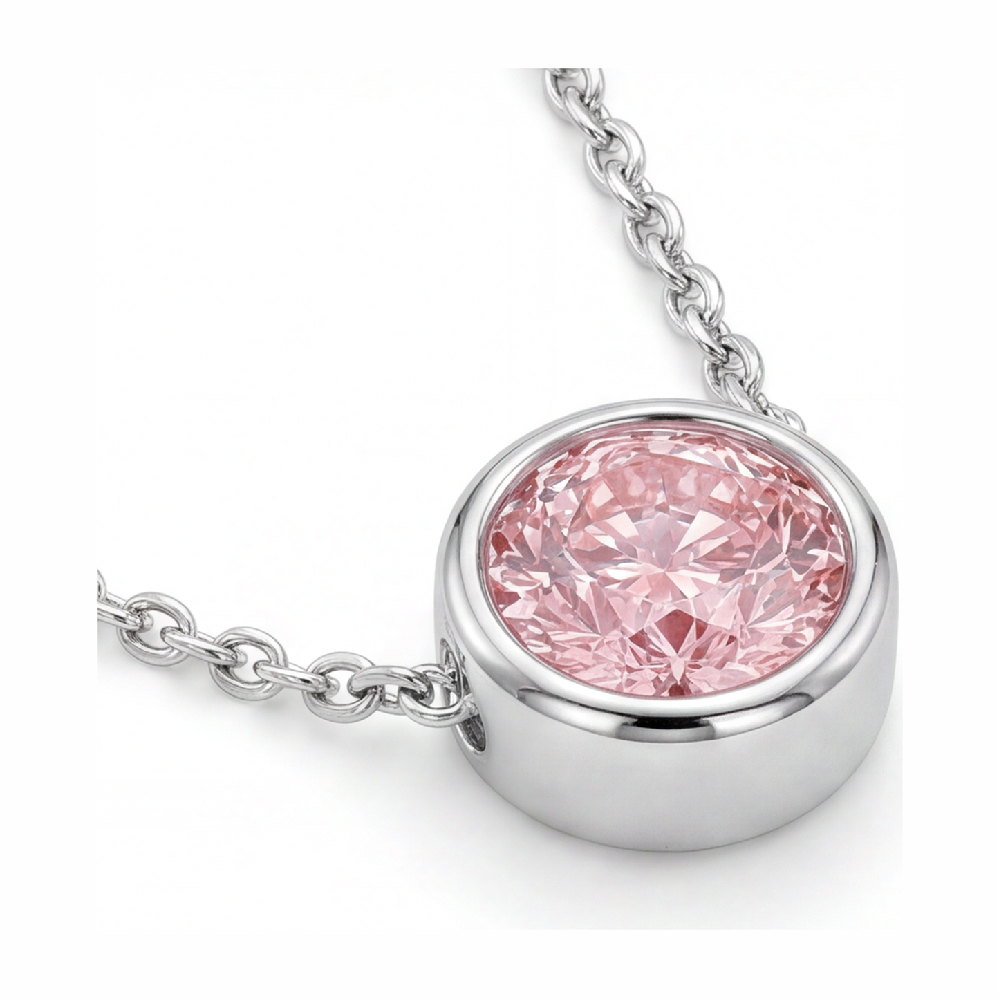 Pink Diamond Necklace 3.5 Carat Lab Grown Round Bezel Pendant 14K White Gold