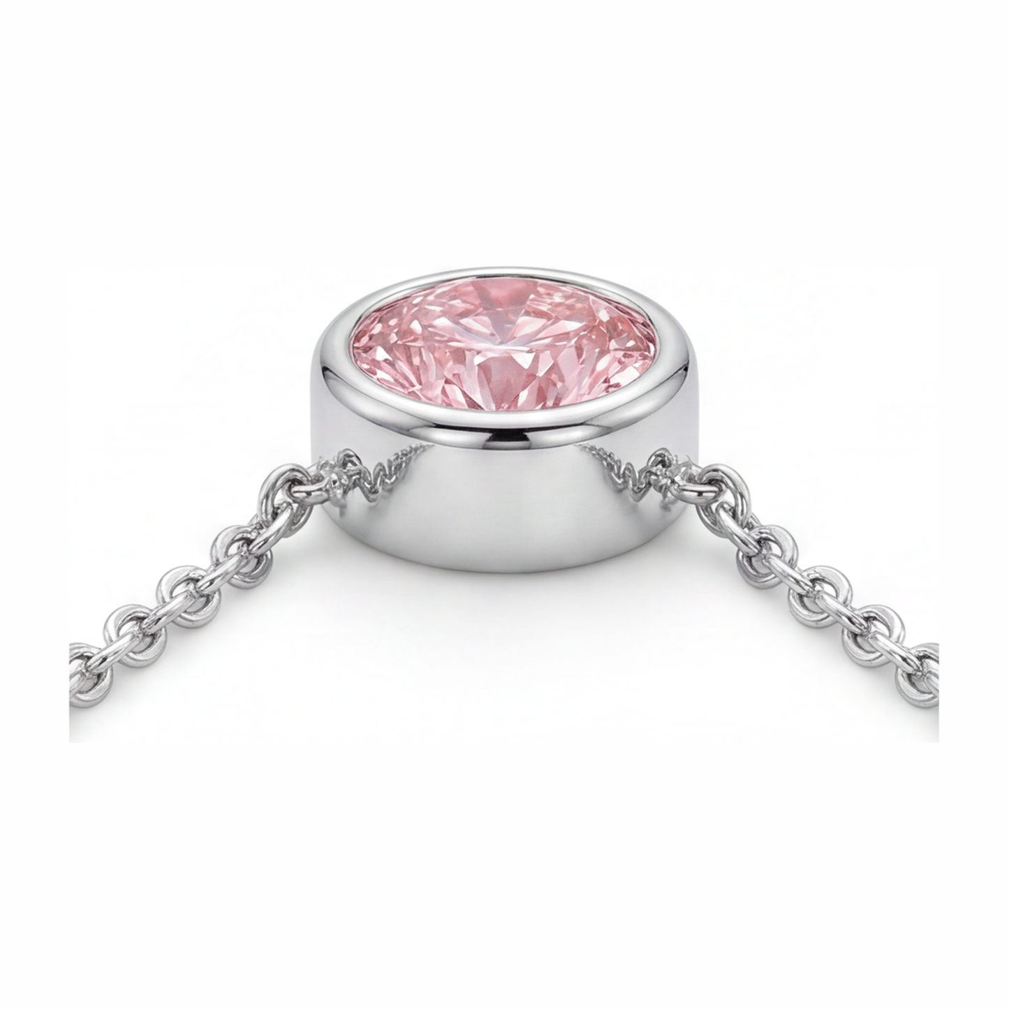 Pink Diamond Necklace 3.5 Carat Lab Grown Round Bezel Pendant 14K White Gold