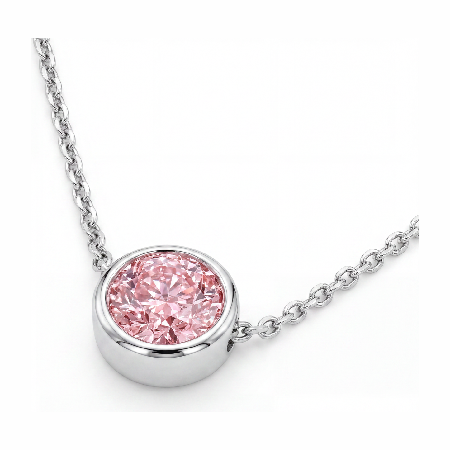 Pink Diamond Necklace 3.5 Carat Lab Grown Round Bezel Pendant 14K White Gold