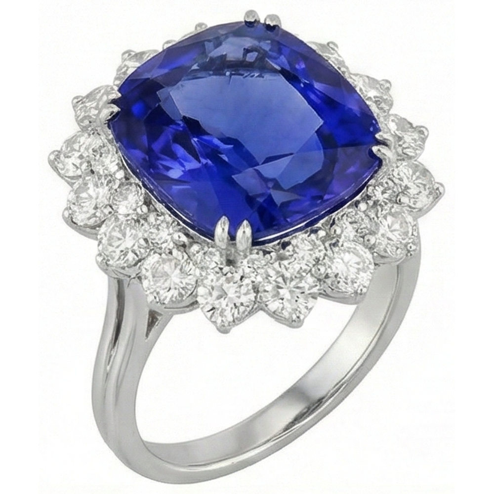 3.50 Carats Cushion Tanzanite & Natural Earth Mined Diamond ( Not Lab Grown ) Ring White Gold 14K