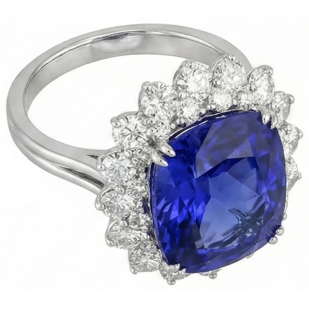3.50 Carats Cushion Tanzanite & Natural Earth Mined Diamond ( Not Lab Grown ) Ring White Gold 14K