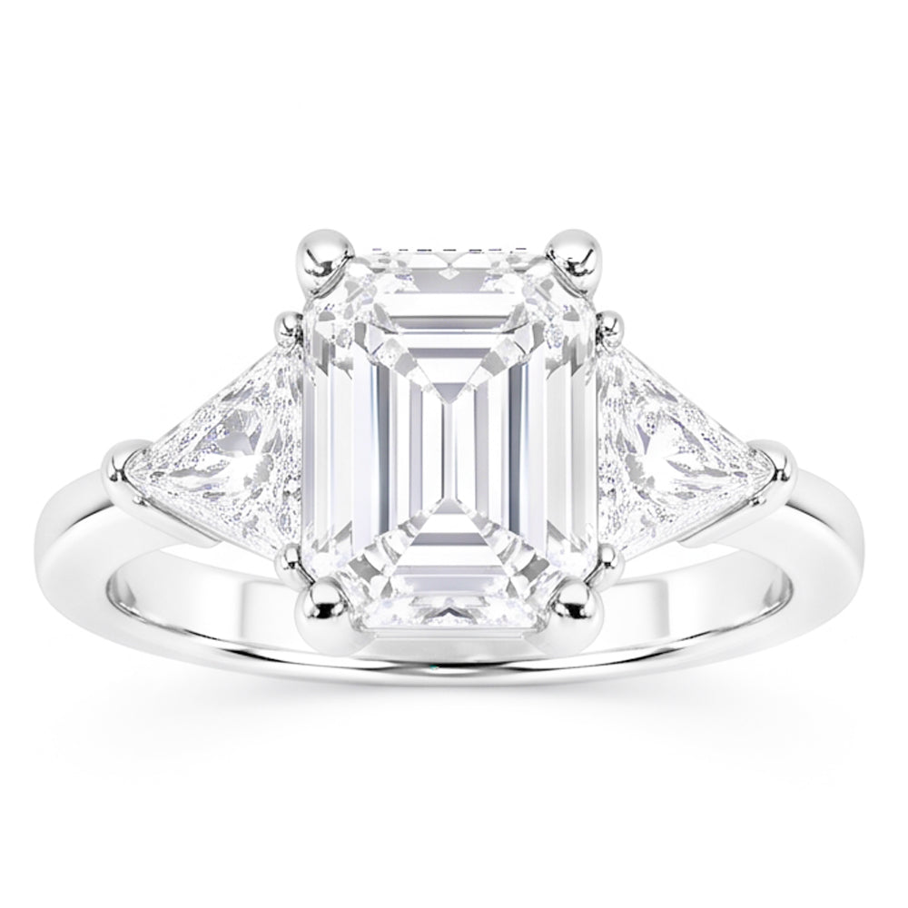 3.50 Carats Emerald & Trillion Cut Natural Earth Mined Diamond ( Not Lab Grown ) Wedding Ring Three Stone