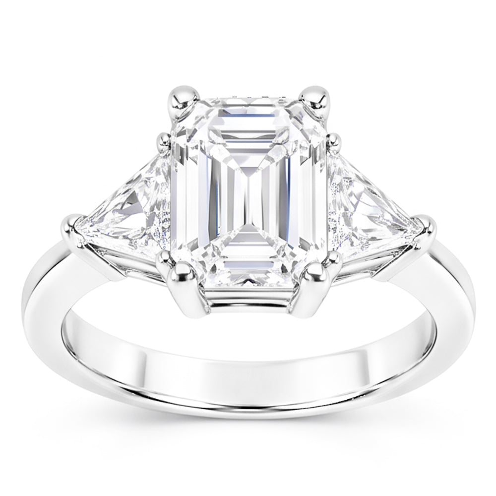 3.50 Carats Emerald & Trillion Cut Natural Earth Mined Diamond ( Not Lab Grown ) Wedding Ring Three Stone
