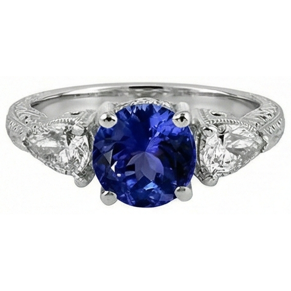 3.50 Carats Ring Round Tanzanite And Trillion Natural Earth Mined Diamond ( Not Lab Grown ) s 3-Stone Jewelry
