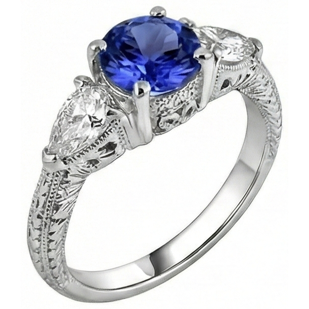 3.50 Carats Ring Round Tanzanite And Trillion Natural Earth Mined Diamond ( Not Lab Grown ) s 3-Stone Jewelry