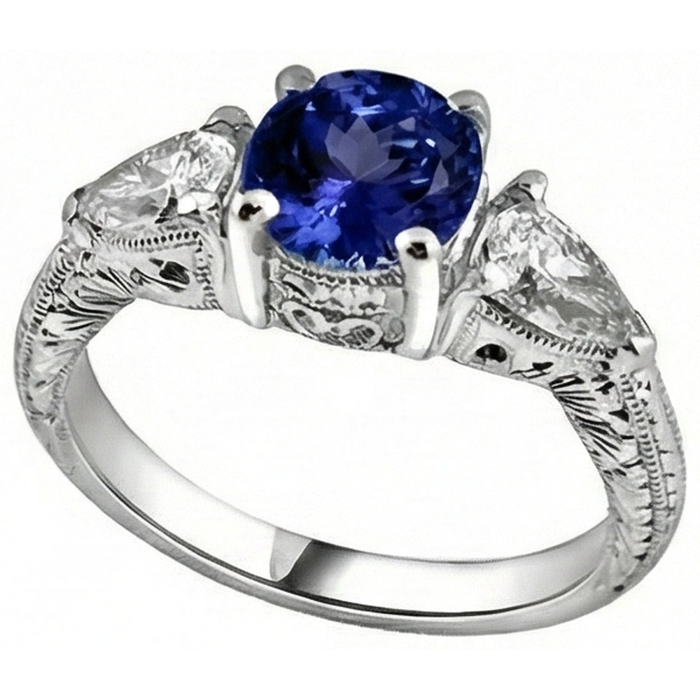 3.50 Carats Ring Round Tanzanite And Trillion Natural Earth Mined Diamond ( Not Lab Grown ) s 3-Stone Jewelry