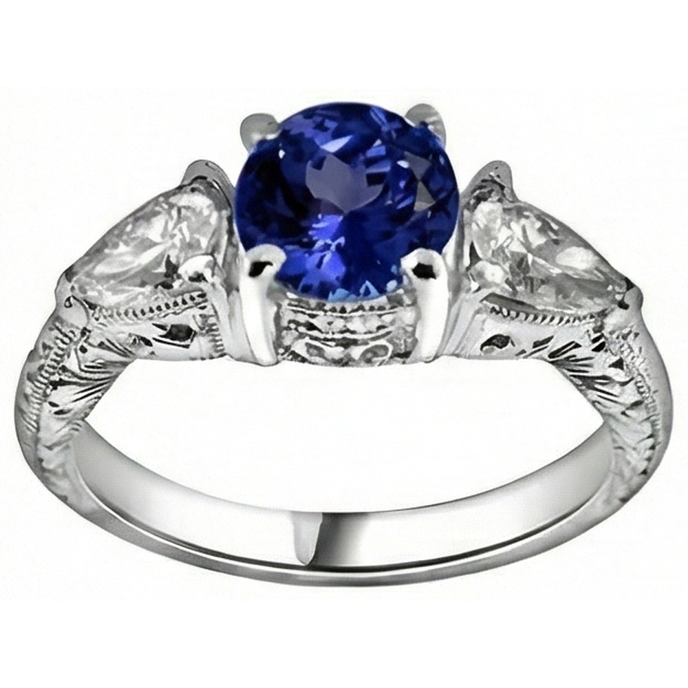 3.50 Carats Ring Round Tanzanite And Trillion Natural Earth Mined Diamond ( Not Lab Grown ) s 3-Stone Jewelry
