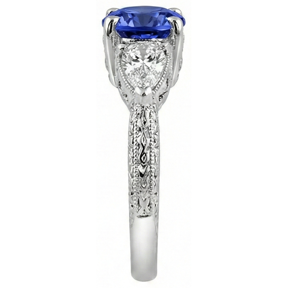 3.50 Carats Ring Round Tanzanite And Trillion Natural Earth Mined Diamond ( Not Lab Grown ) s 3-Stone Jewelry
