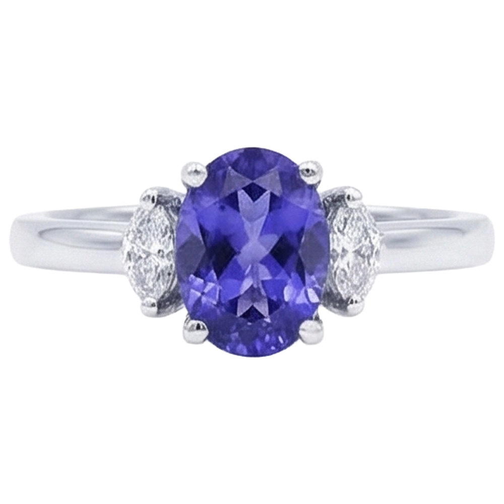 3.50 Carats Three Stone Tanzanite With Natural Earth Mined Diamond ( Not Lab Grown )s Ring White Gold 14K