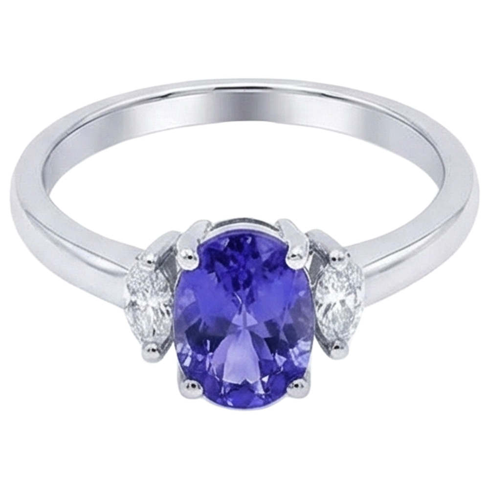 3.50 Carats Three Stone Tanzanite With Natural Earth Mined Diamond ( Not Lab Grown )s Ring White Gold 14K