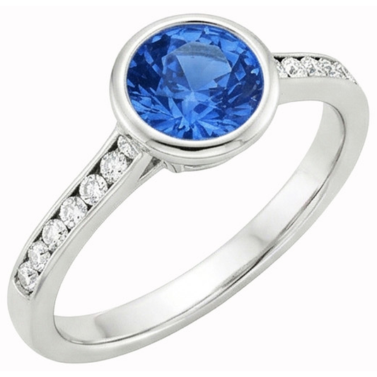 3.50 Ct Bezel Set Round Ceylon Sapphire & Natural Earth Mined Diamond ( Not Lab Grown ) s Ring White Gold 14K