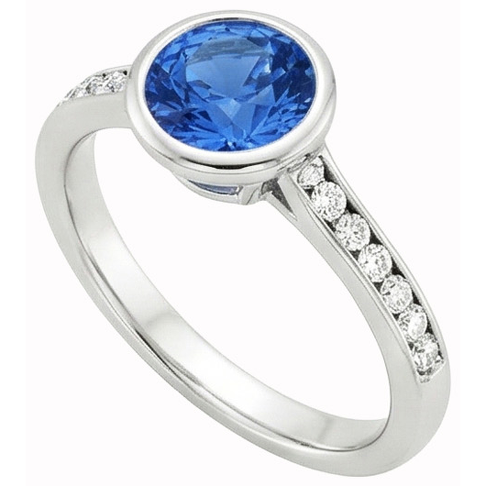3.50 Ct Bezel Set Round Ceylon Sapphire & Natural Earth Mined Diamond ( Not Lab Grown ) s Ring White Gold 14K