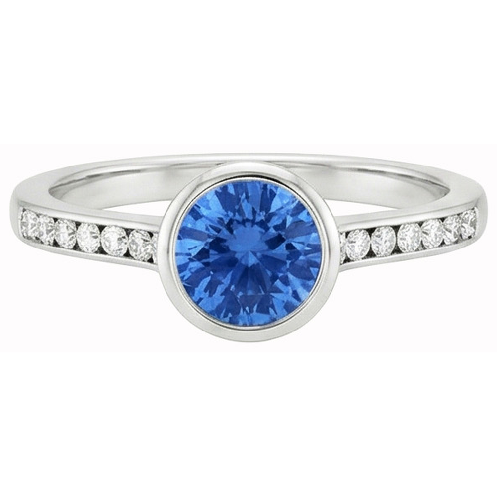 3.50 Ct Bezel Set Round Ceylon Sapphire & Natural Earth Mined Diamond ( Not Lab Grown ) s Ring White Gold 14K