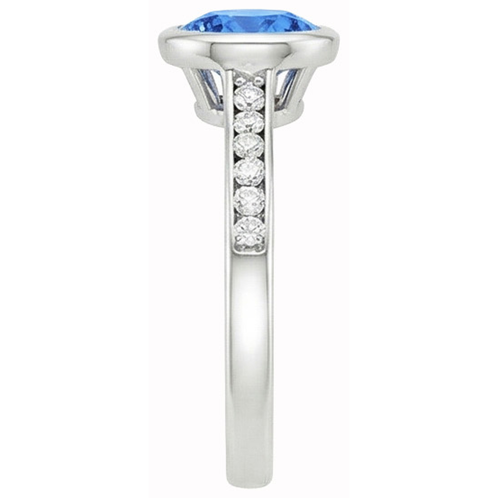 3.50 Ct Bezel Set Round Ceylon Sapphire & Natural Earth Mined Diamond ( Not Lab Grown ) s Ring White Gold 14K