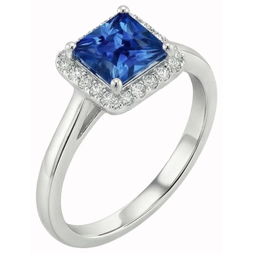 3.50 Ct Princess And Round Sri Lanka Sapphire Natural Earth Mined Diamond ( Not Lab Grown ) Ring White Gold