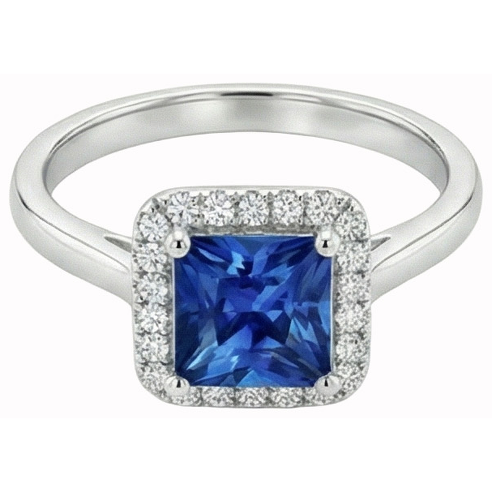 3.50 Ct Princess And Round Sri Lanka Sapphire Natural Earth Mined Diamond ( Not Lab Grown ) Ring White Gold