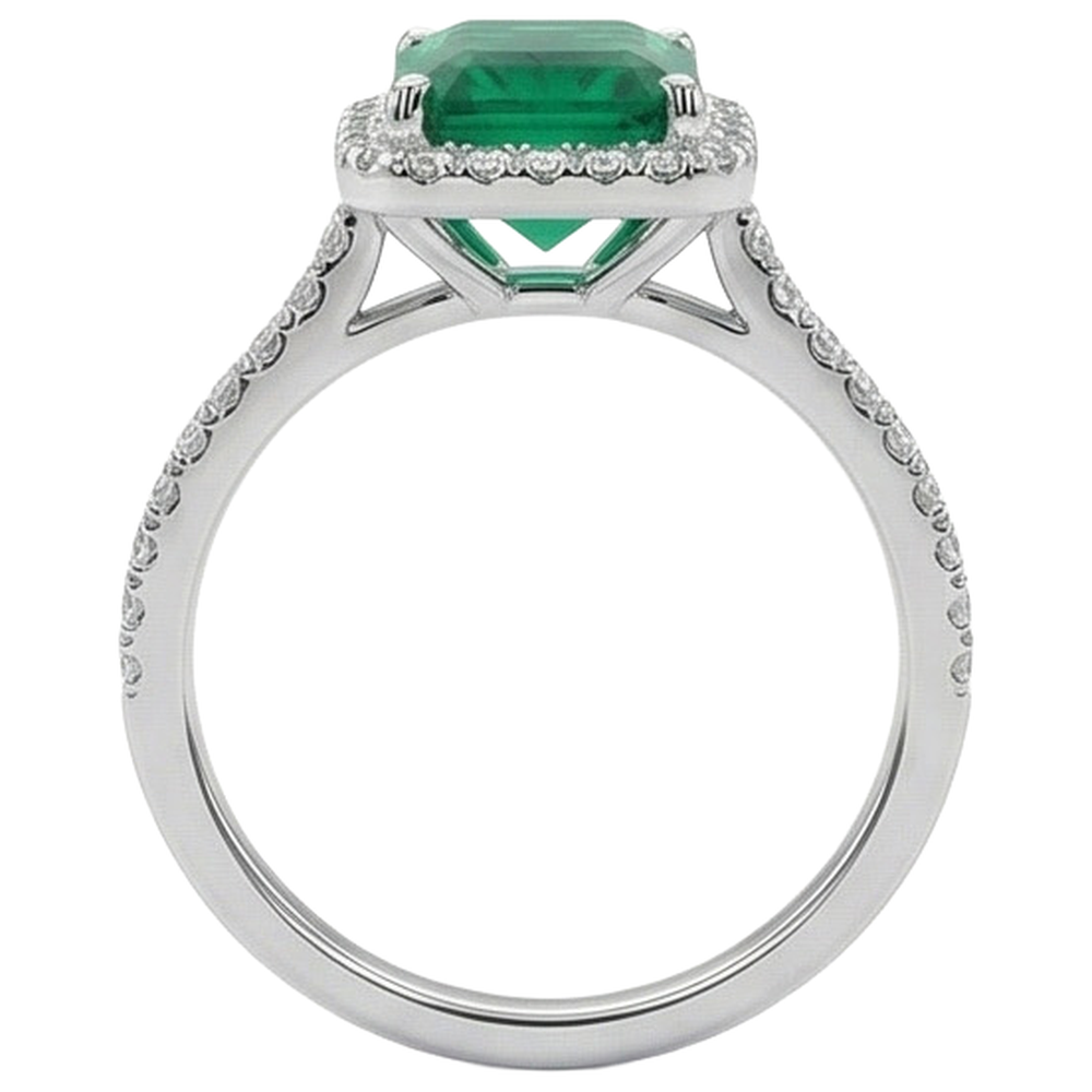 3.55 Ct Emerald Cut Green Emerald With Round Natural Earth Mined Diamond Wedding Ring