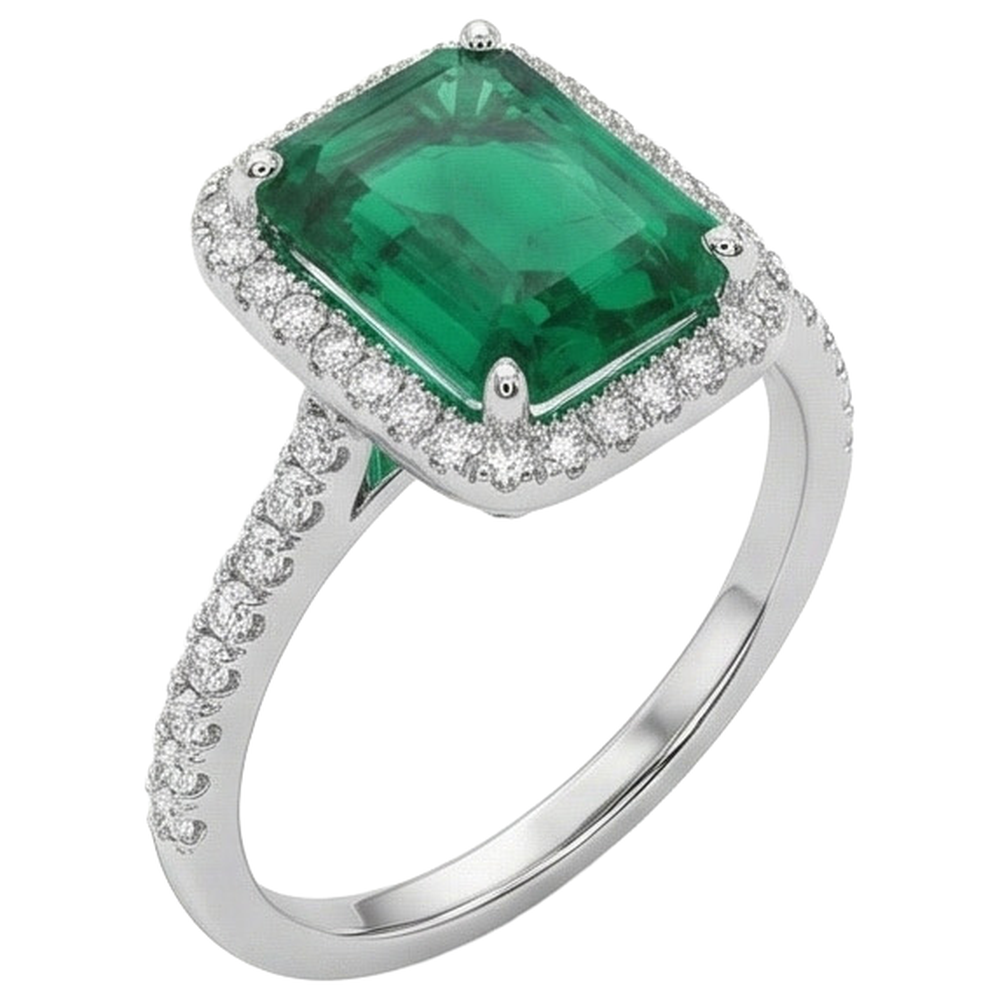 3.55 Ct Emerald Cut Green Emerald With Round Natural Earth Mined Diamond Wedding Ring