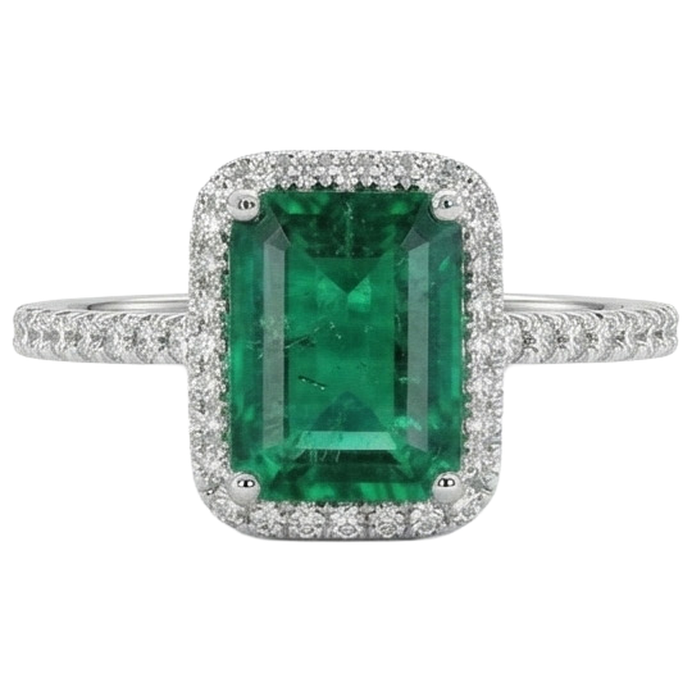 3.55 Ct Emerald Cut Green Emerald With Round Natural Earth Mined Diamond Wedding Ring