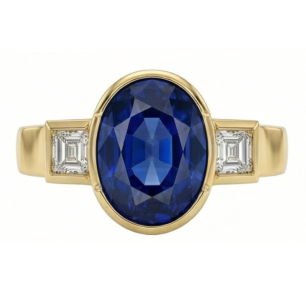 3.60 Ct Natural Earth Mined Diamond ( Not Lab Grown ) s 3-Stone Sri Lanka Blue Sapphire Bezel Ring