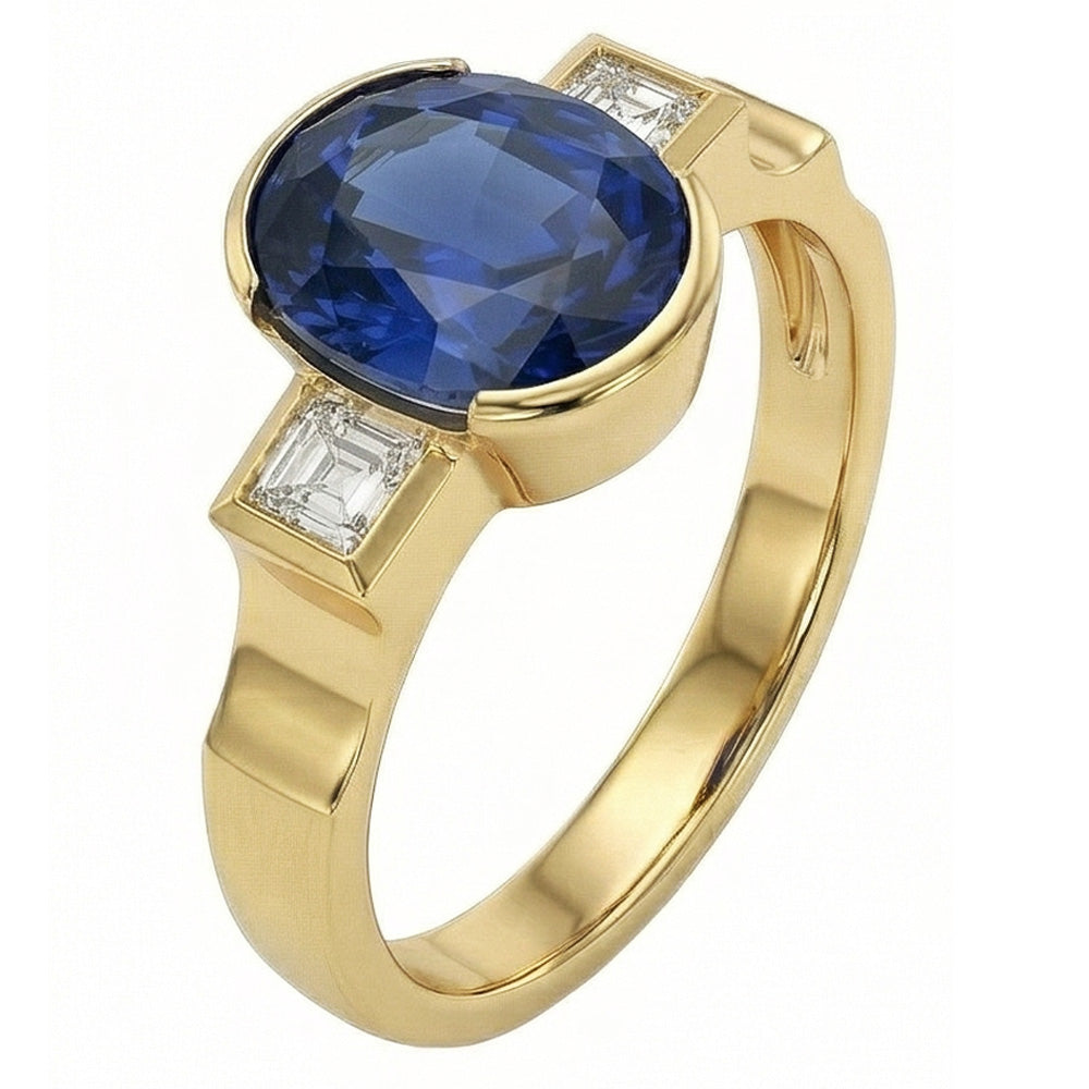 3.60 Ct Natural Earth Mined Diamond ( Not Lab Grown ) s 3-Stone Sri Lanka Blue Sapphire Bezel Ring