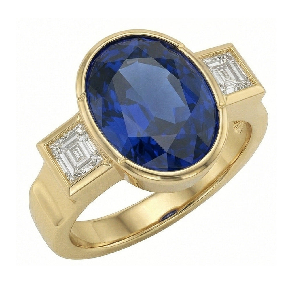 3.60 Ct Natural Earth Mined Diamond ( Not Lab Grown ) s 3-Stone Sri Lanka Blue Sapphire Bezel Ring