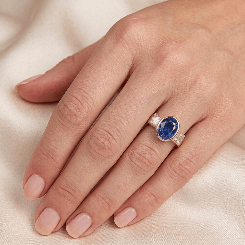 3.60 Ct Natural Earth Mined Diamond ( Not Lab Grown ) s 3-Stone Sri Lanka Blue Sapphire Bezel Ring