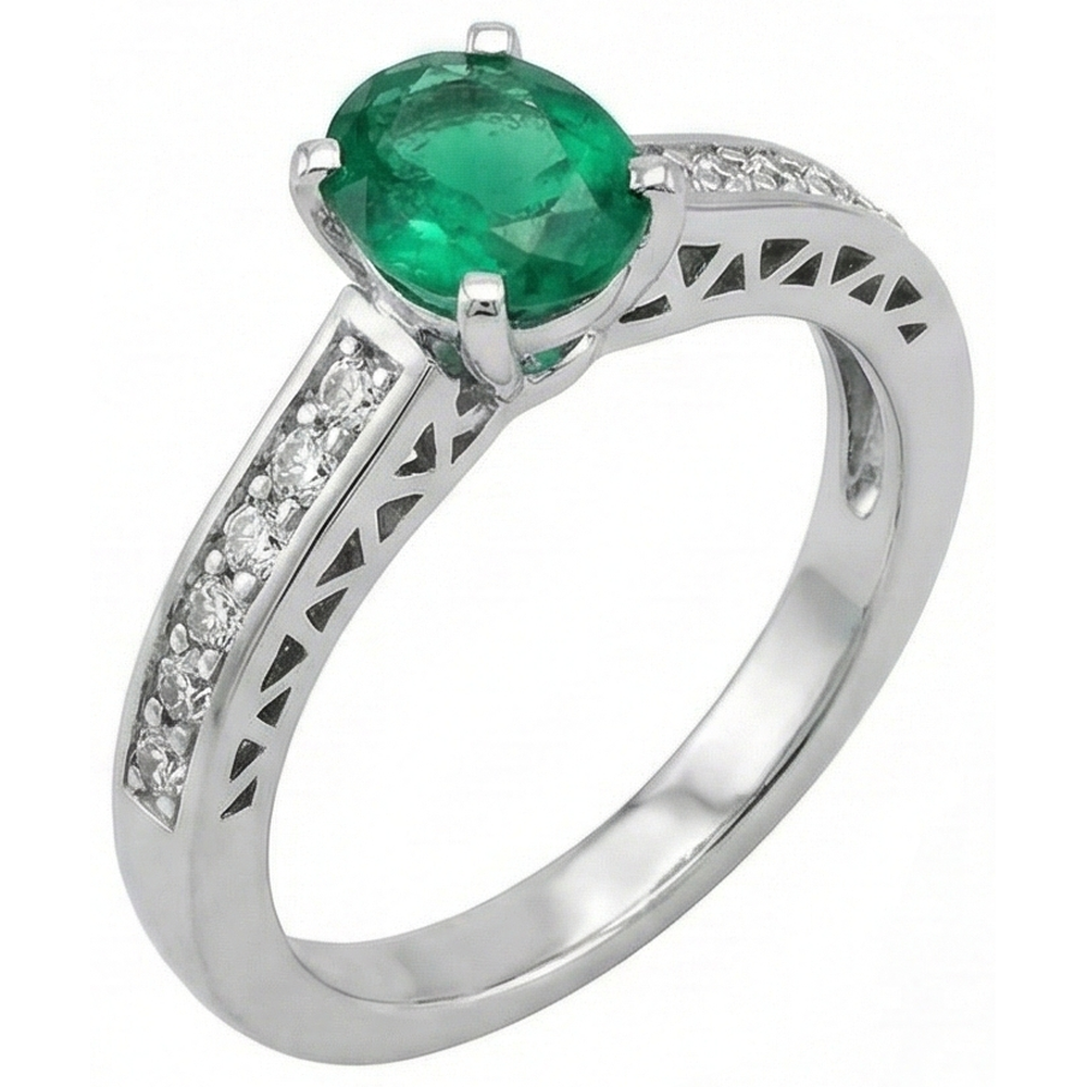 3.60 Ct Oval Green Emerald And Natural Earth Mined Diamond ( Not Lab Grown )s Ring 14K White Gold