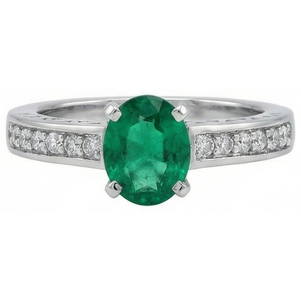 3.60 Ct Oval Green Emerald And Natural Earth Mined Diamond ( Not Lab Grown )s Ring 14K White Gold