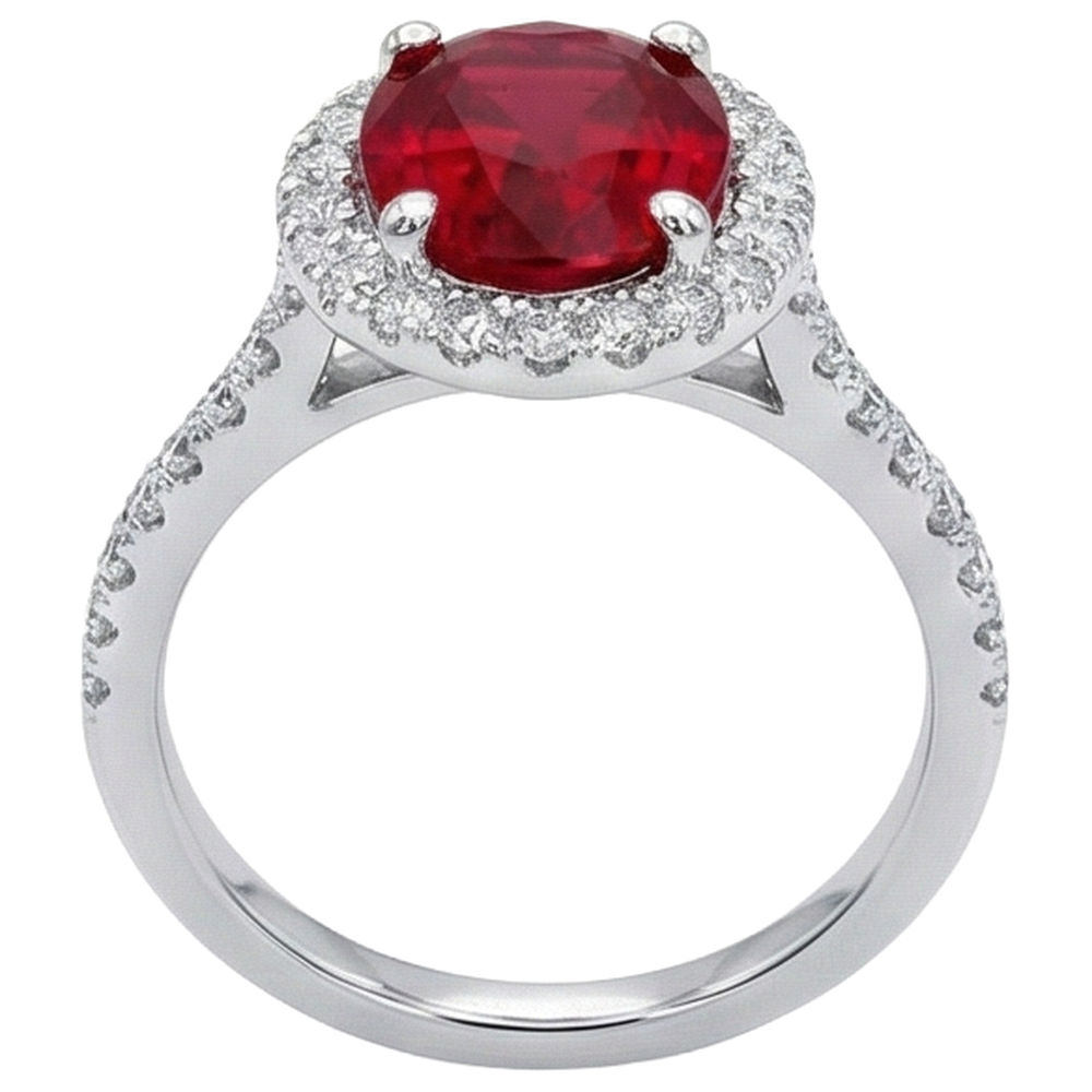 3.65 Ct Halo Red Ruby And Natural Earth Mined Diamond ( Not Lab Grown )s Wedding Ring White Gold 14K