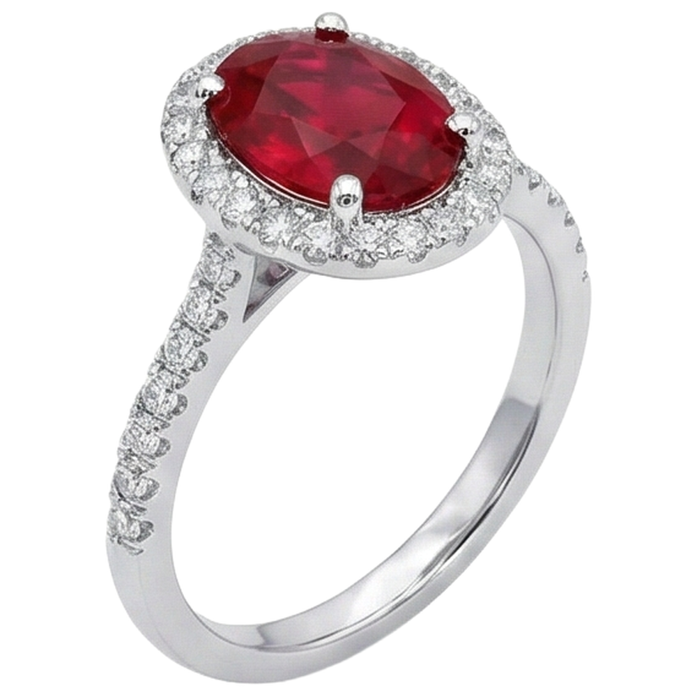 3.65 Ct Halo Red Ruby And Natural Earth Mined Diamond ( Not Lab Grown )s Wedding Ring White Gold 14K